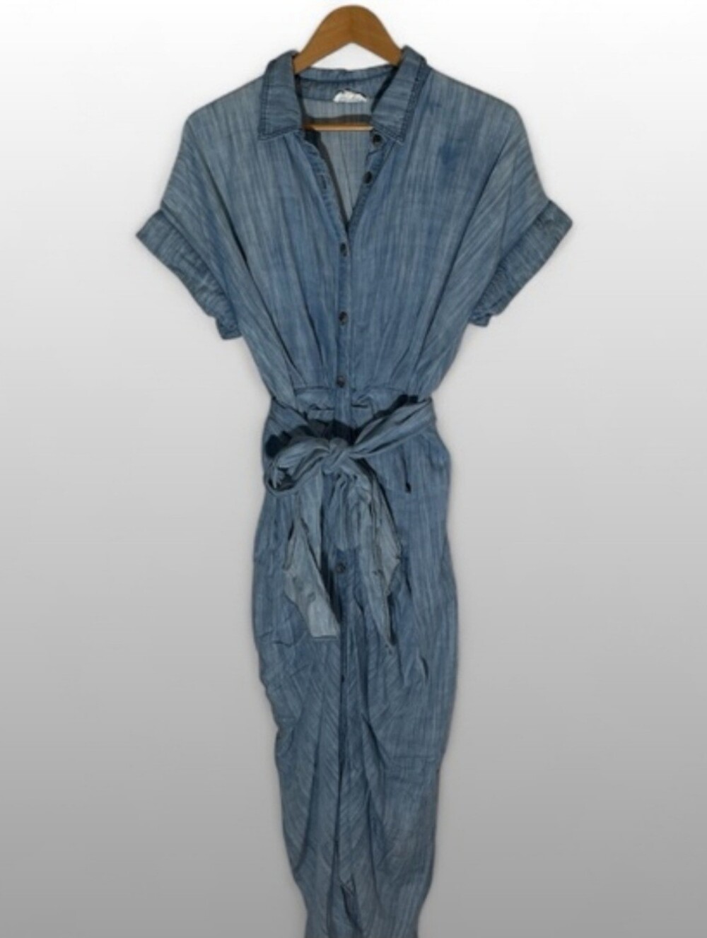 Dance & Marvel Chambray Blue Button-Front Midi Dress with Self Tie
